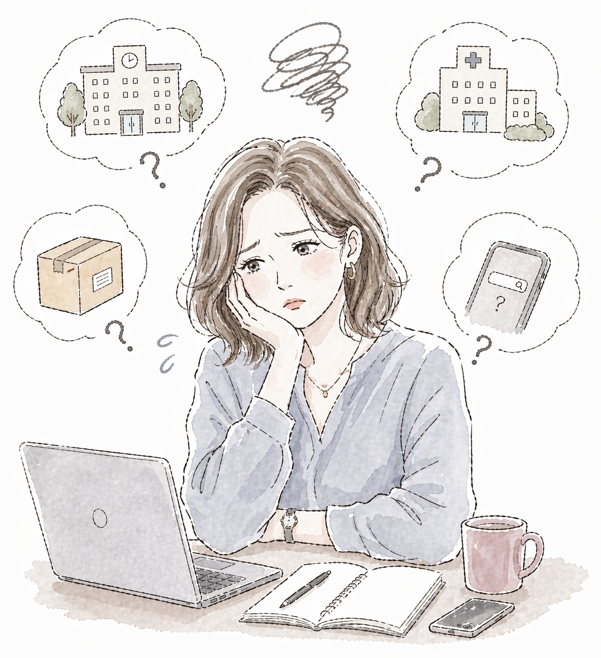生活の不安を抱える女性のイラスト